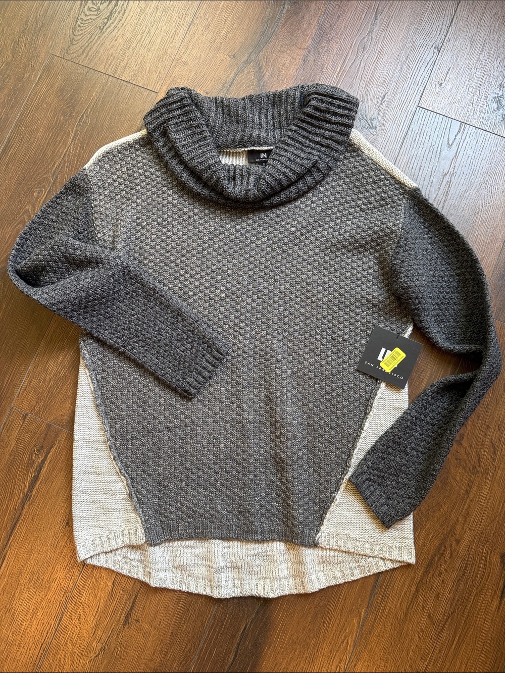 I.N. San Francisco Two-Tone Charcoal Gray & Cream Cowlneck Sweater